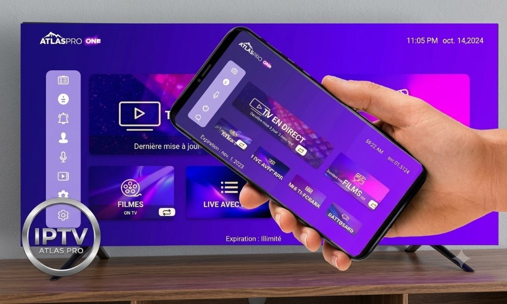 Avis ATLAS PRO MAX : interface de l'application sur TV et smartphone